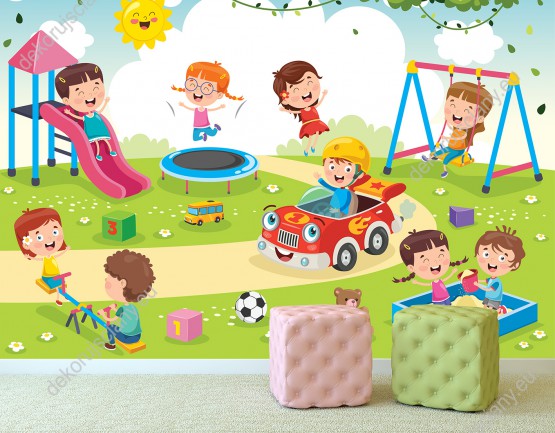Wizualizacja fototapety do pokoju dziecięcego przedstawiająca dzieci bawiące się na placu zabaw.
