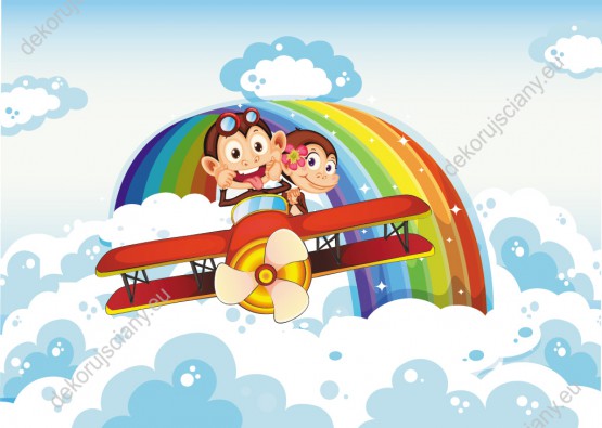 Wzornik fototapety do pokoju dziecięcego przedstawiające małpy lecące samolotem wśród chmur i kolorową tęczę na niebie.
