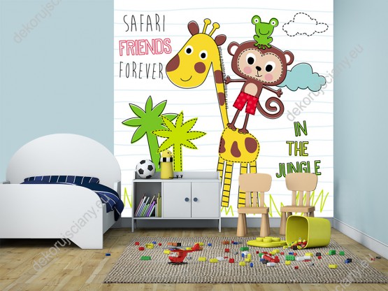 Wizualizacja fototapety do pokoju dziecięcego ze zwierzęcymi przyjaciółmi z dżungli: żyrafą, małpką i żabką.
