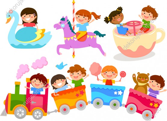 Wzornik fototapety do pokoju dziecięcego przedstawia szczęśliwe dzieci bawiące się na karuzelach w wesołym miasteczku.