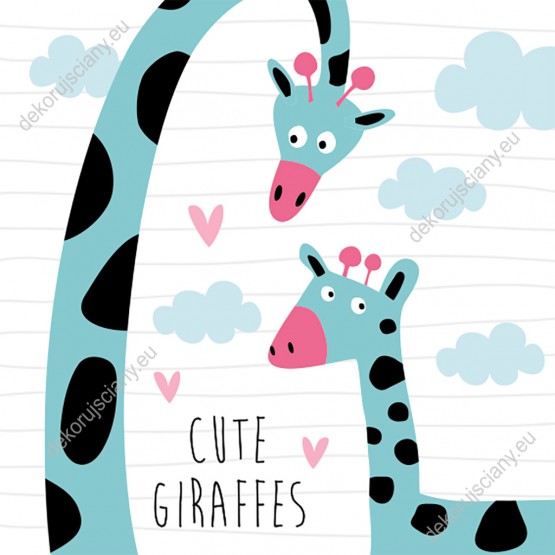 Wzornik fototapety  do pokoju dziecięcego z niebieskimi żyrafami z głowami w chmurach.