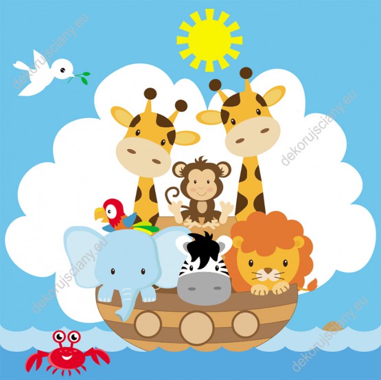 Wzornik fototapety do pokoju dziecięcego z dzikimi zwierzętami: lwem, zebrą, słoniem, żyrafami, papugą, małpą i rakiem płynącymi Arką Noego.