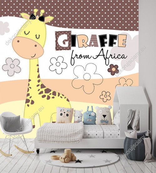 Wizualizacja fototapety do pokoju dziecięcego z uroczą żyrafą z Afryki.