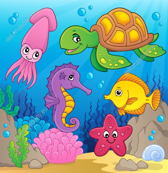 Wzornik fototapety do pokoju dziecięcego ze zwierzętami z podwodnego świata: żółwiem, rybką, rozgwiazdą, kałamarnicą i konikiem morskim w morskiej toni.