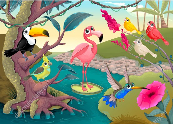 Wzornik fototapety do pokoju dziecięcego z barwnymi, tropikalnymi ptakami w dżungli.