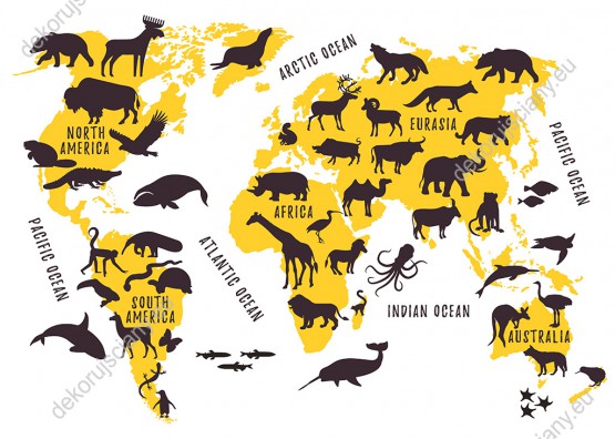 Wzornik fototapety do pokoju dziecięcego i młodzieżowego przedstawia mapę świata żółto-brązową mapę świata z sylwetkami zwierząt na różnych kontynentach.