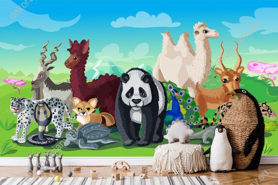 Wizualizacja fototapety do pokoju dziecięcego z różnymi zwierzętami Azji.