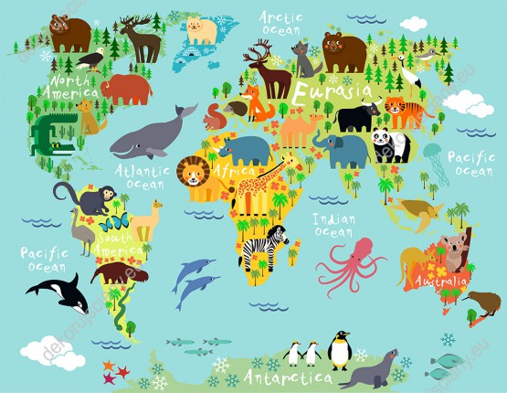 Wzornik fototapety do pokoju dziecięcego przedstawia kolorową mapę świata ze zwierzętami wszystkich kontynentów oraz mórz i oceanów.