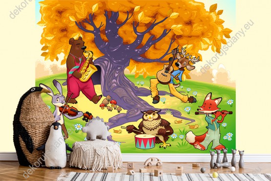 Wizualizacja fototapety do pokoju dziecięcego z leśnymi zwierzętami grającymi na muzycznych instrumentach, w jesiennej scenerii.