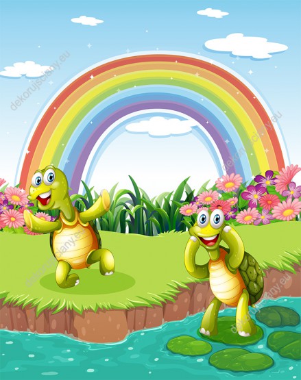 Wzornik fototapety do pokoju dziecięcego z zabawnymi żółwiami nad stawem i kolorową tęczą.