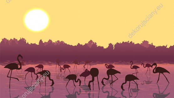 Wzornik fototapety z flamingami stąpającymi po wodzie o zachodzie słońca. Obraz do pokoju dziennego, dziecięcego, młodzieżowego, sypialni, salonu, biura, gabinetu, przedpokoju i jadalni. 