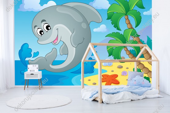 Wizualizacja fototapety do pokoju dziecięcego z wesołym delfinem skaczącym nad wodą.