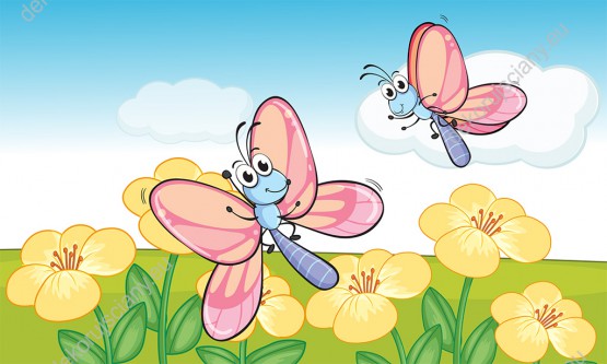 Wzornik fototapety do pokoju dziecięcego z wesołymi motylkami latającymi wśród wiosennych kwiatów.