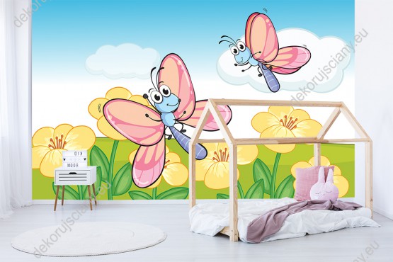 Wizualizacja fototapety do pokoju dziecięcego z wesołymi motylkami latającymi wśród wiosennych kwiatów.