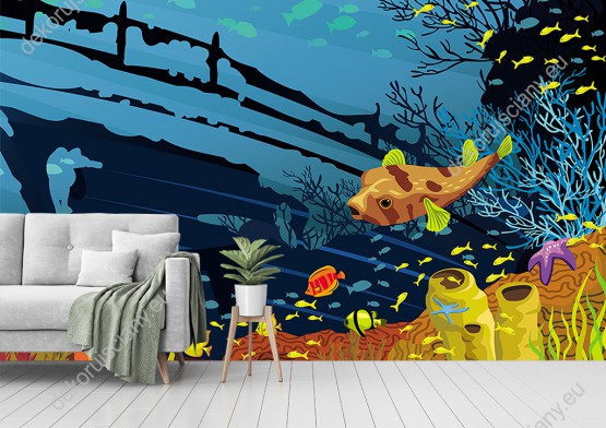 Wizualizacja fototapety do pokoju dziecięcego z rybami, podwodnymi roślinami i porzuconym wrakiem statku na dnie morza.