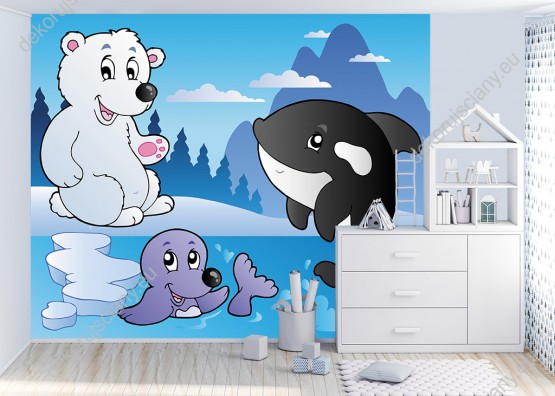 Wizualizacja fototapety do pokoju dziecięcego z wesołymi zwierzętami Arktyki foką, misiem polarnym i orką.