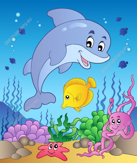 Wzornik fototapety do pokoju dziecięcego z delfinem, rybami ośmiornicą i rozgwiazdą w podwodnym świecie.