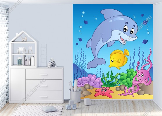 Wizualizacja fototapety do pokoju dziecięcego z delfinem, rybami ośmiornicą i rozgwiazdą w podwodnym świecie.