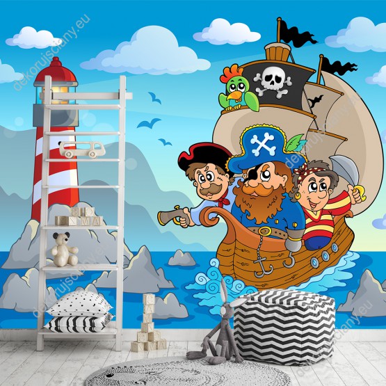 Wizualizacja fototapety do pokoju dziecięcego z piratami wyruszającymi na morską przygodę.