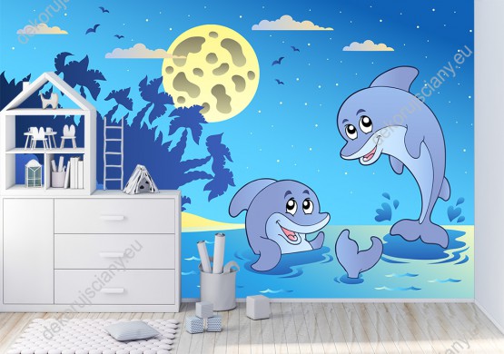 Wizualizacja fototapety do pokoju dziecięcego z wesołymi delfinami pływającymi w nocy przy pełni księżyca.