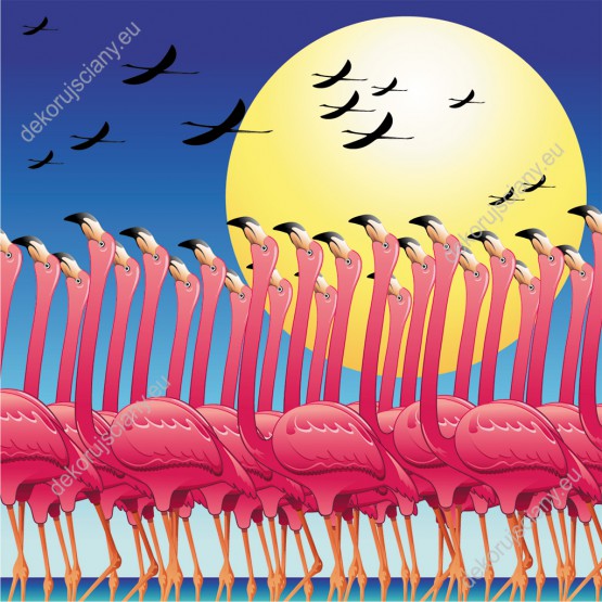 Wzornik fototapety do pokoju dziecięcego z różowymi flamingami w na tropikalnej wyspie wśród egzotycznych roślin.