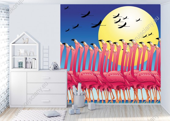 Wizualizacja fototapety do pokoju dziecięcego z różowymi flamingami w na tropikalnej wyspie wśród egzotycznych roślin.