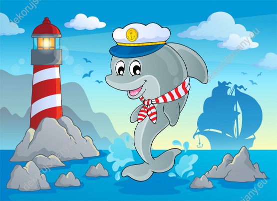 Wzornik fototapety do pokoju dziecięcego ze skaczącym delfinem w marynarskiej czapce, na tle statku i latarni morskiej.