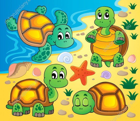 Wzornik fototapety do pokoju dziecięcego z wesołymi żółwiami na plaży, kolorowych muszelek i morskich fal.