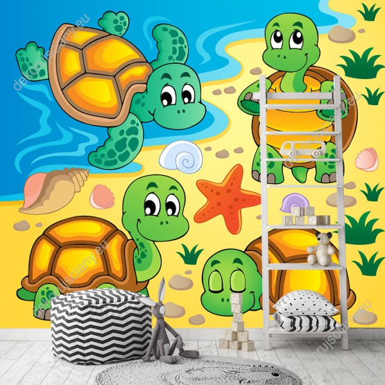 Wizualizacja fototapety do pokoju dziecięcego z wesołymi żółwiami na plaży, kolorowych muszelek i morskich fal.