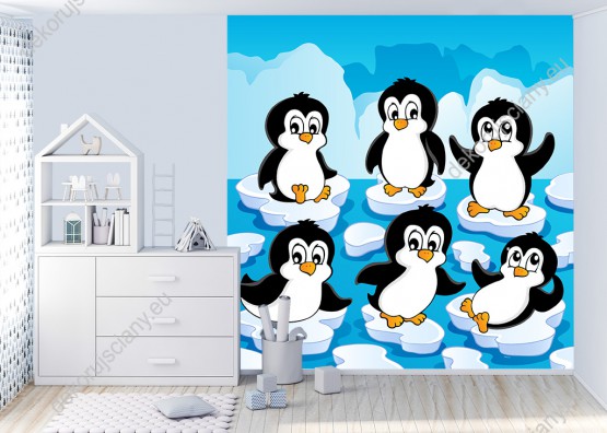 Wizualizacja fototapety do pokoju dziecięcego z pingwinami na lodowych krach Arktyki.