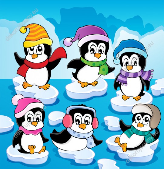 Wzornik Fototapeta do pokoju dziecięcego z grupą wesołych pingwinów ubranych w ciepłe, zimowe czapki i szaliki.