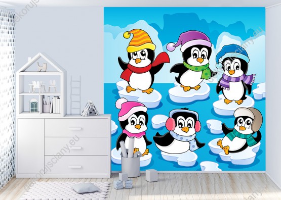 Wizualizacja Fototapeta do pokoju dziecięcego z grupą wesołych pingwinów ubranych w ciepłe, zimowe czapki i szaliki.