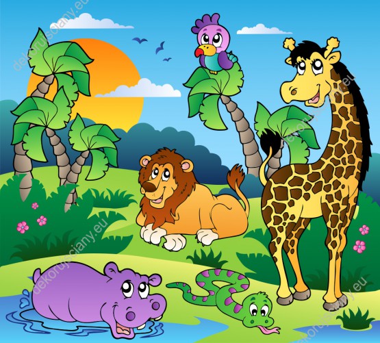 Wzornik fototapety do pokoju dziecięcego ze zwierzętami afrykańskimi: żyrafą, lwem, wężem, papugą i hipopotamem odpoczywającymi przy wodopoju.