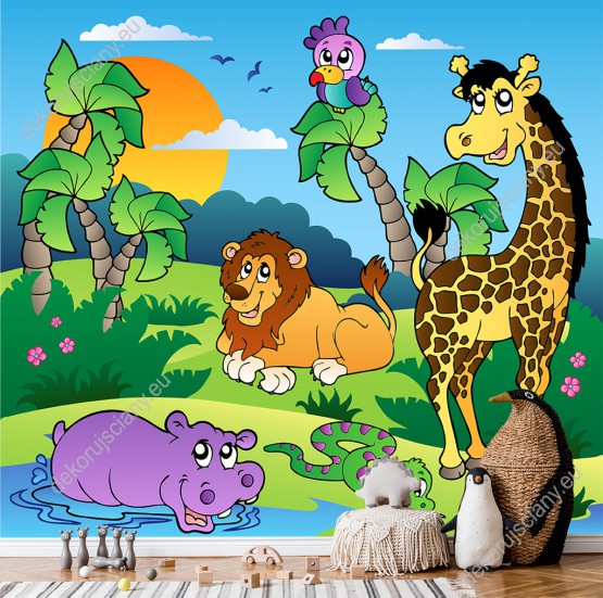 Wizualizacja fototapety do pokoju dziecięcego ze zwierzętami afrykańskimi: żyrafą, lwem, wężem, papugą i hipopotamem odpoczywającymi przy wodopoju.