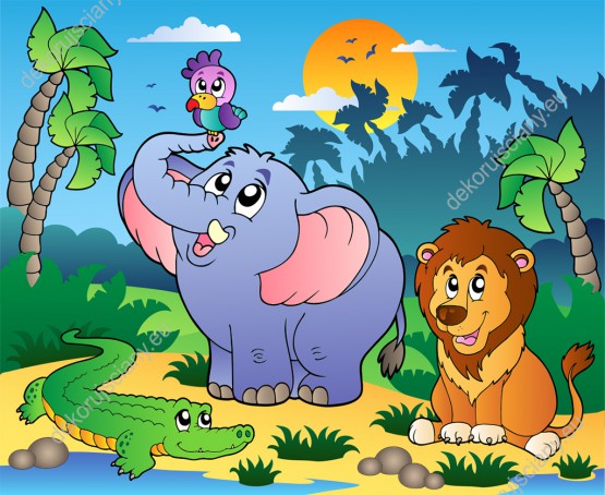 Wzornik fototapety do pokoju dziecięcego z Afrykańskimi zwierzętami: lwem, krokodylem, papugą i słoniem w dżungli.