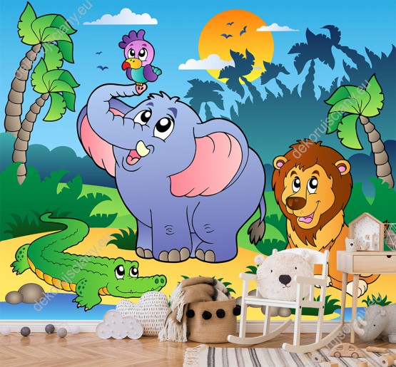 Wizualizacja fototapety do pokoju dziecięcego z Afrykańskimi zwierzętami: lwem, krokodylem, papugą i słoniem w dżungli.