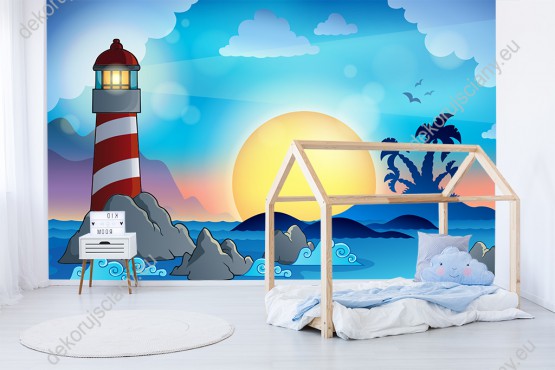 Wizualizacja fototapety do pokoju dziecięcego z latarnią morską wzniesioną na skale, na tle zachodzącego słońca.