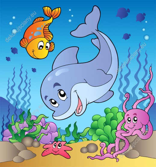 Wzornik fototapety do pokoju dziecięcego przedstawia delfina, ryby i inne morskie zwierzęta w podwodnego świata.