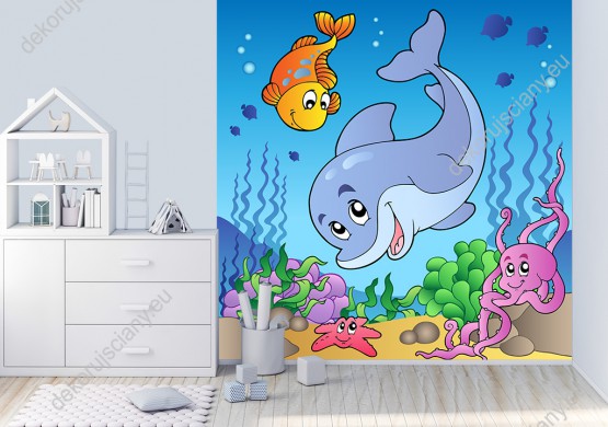 Wizualizacja fototapety do pokoju dziecięcego przedstawia delfina, ryby i inne morskie zwierzęta w podwodnego świata.