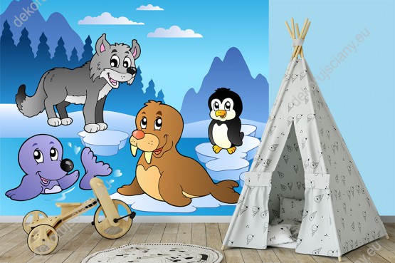 Wizualizacja fototapety do pokoju dziecięcego ze zwierzętami Arktyki foką, wilkiem, morsem i pingwinem w zimowej scenerii.