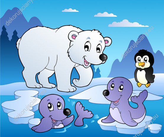 Wzornik fototapety do pokoju dziecięcego ze zwierzętami Arktyki, pingwinem, fokami i misiem polarnym w zimowej scenerii.