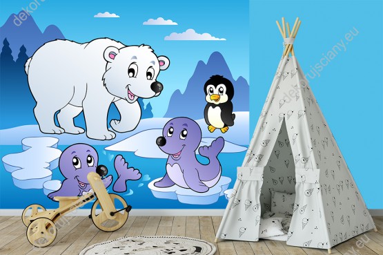 Wizualizacja fototapety do pokoju dziecięcego ze zwierzętami Arktyki, pingwinem, fokami i misiem polarnym w zimowej scenerii.