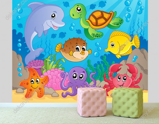 Wizualizacja fototapety do pokoju dziecięcego z wesołymi zwierzątkami wodnymi.