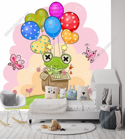 Wizualizacja fototapety do pokoju dziecięcego z żabą w kartonie unoszonym w niebo przez kolorowe balony.