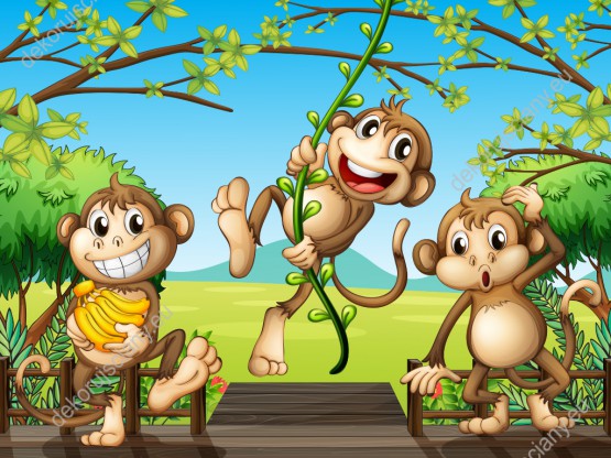 Wzornik fototapety do pokoju dziecięcego z trzema psotnymi małpkami na drewnianym moście w egzotycznej dżungli.