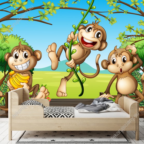 Wizualizacja fototapety  do pokoju dziecięcego z trzema psotnymi małpkami na drewnianym moście w egzotycznej dżungli.