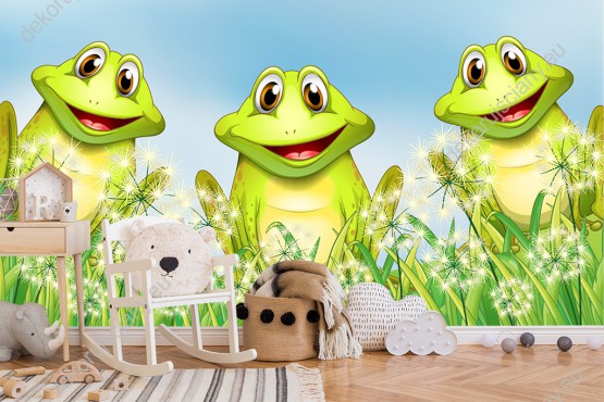 Wizualizacja fototapety do pokoju dziecięcego z trzema wesołymi żabkami na wiosennej łące wśród dmuchawców.