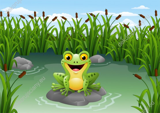 Wzornik fototapety do pokoju dziecięcego z wesołą żabką siedzącą na skale na środku jeziora otoczonego zielonymi trzcinami.