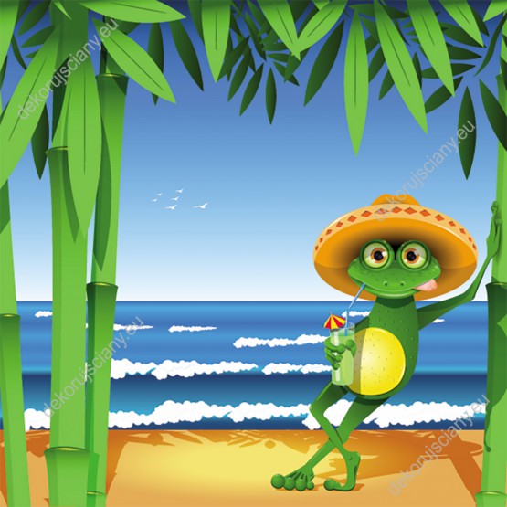 Wzornik fototapety do pokoju dziecięcego z żabą w kapeluszu, na wakacjach nad morzem.