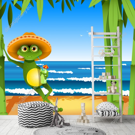 Wizualizacja fototapety do pokoju dziecięcego z żabą w kapeluszu, na wakacjach nad morzem.